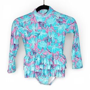 Coolibar UPF 50+ Girls Swimsuit Medium Pink Blue Ruffle Kailani Rash Guard Read